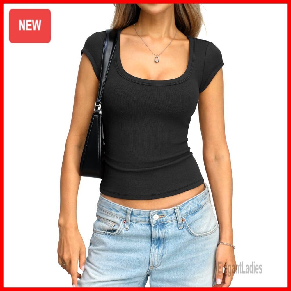 Cotton Ribbed Scoop Neck Cap Sleeve Slim Fit T-Shirt Summer Top